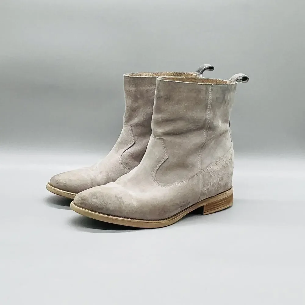 Anthropologie Boots Womens 7.5 Beige Suede Ankle Western Pull On Booties Shoes